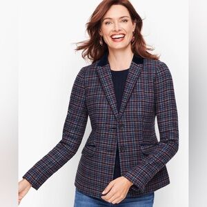 Talbots Mistletoe Plaid Wool Blazer Velvet Collar Petite 14 Blue Multi Preppy